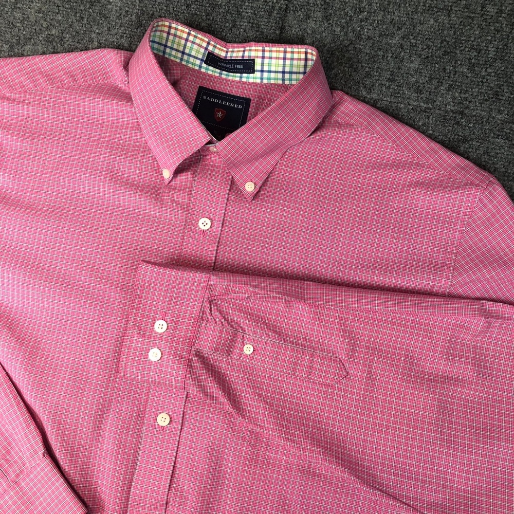 Saddlebred Wrinkle Free Pink Gingham Check Long Sleeve Button Down Shirt Mens XL
